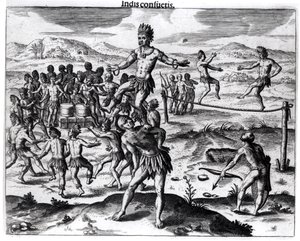 セオドア・ド・ブライ（1528-98）によって彫刻された「アメリカ」1602年のさまざまなインドのゲーム 作： Jacques Le Moyne